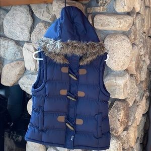 Navy Blue puffer vest with faux fur hood